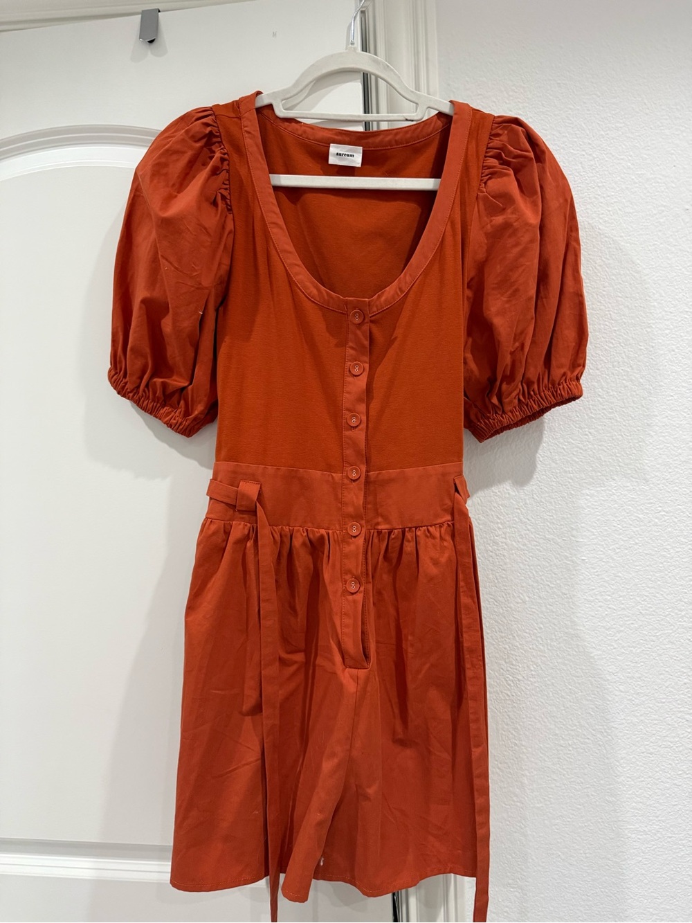 AUREUM Rust Orange Puff-Sleeve Button Dress